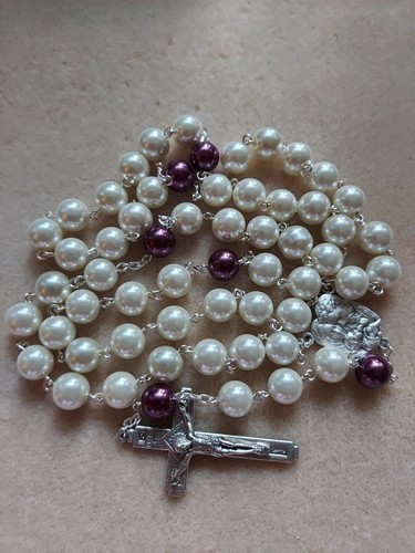 white & purple glass pearl catholic rosary 10 mm beads large crucifix 5 cm x 3cm - Picture 9 of 17