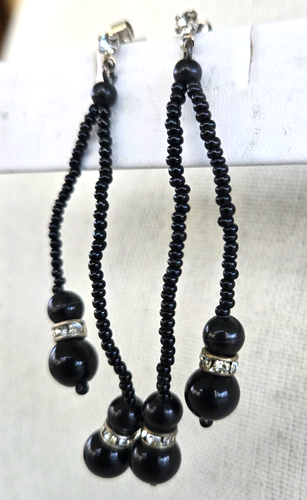 Vintage Black Bead Clear Rhinestone Rondelle 2 Strand Pierced Earrings 2-3/4" - Picture 2 of 6
