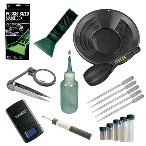  12" Black Gold Pan Panning Kit, Pocket Sluice Box & Digiweigh Pocket Scale - Afbeelding 1 van 10