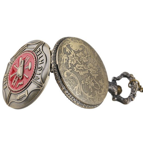 Mens Pocket Watch with Chain Red Fire Fighter Case Vintage Necklace Watches Gift - Picture 6 of 12
