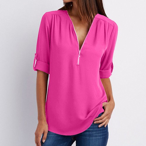 Womens Zipper V Neck Chiffon Tunic Tops Summer Casual T-Shirt Blouse Plus Size❤ - Picture 11 of 18