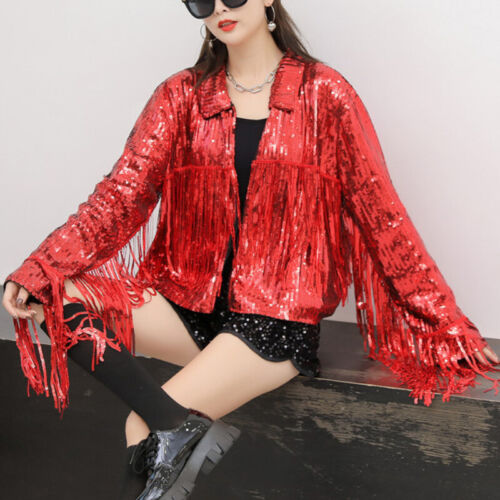 Damen glänzende Fransenjacke Pailletten quasiert Shirt Glitzer Langarm Top Club - Bild 11 von 25