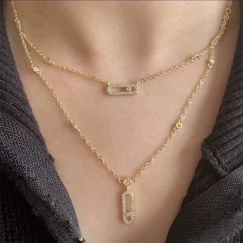 Double Layer Gold Pl Vertical & Horizontal CZ Messika Inspired Pendant Necklace