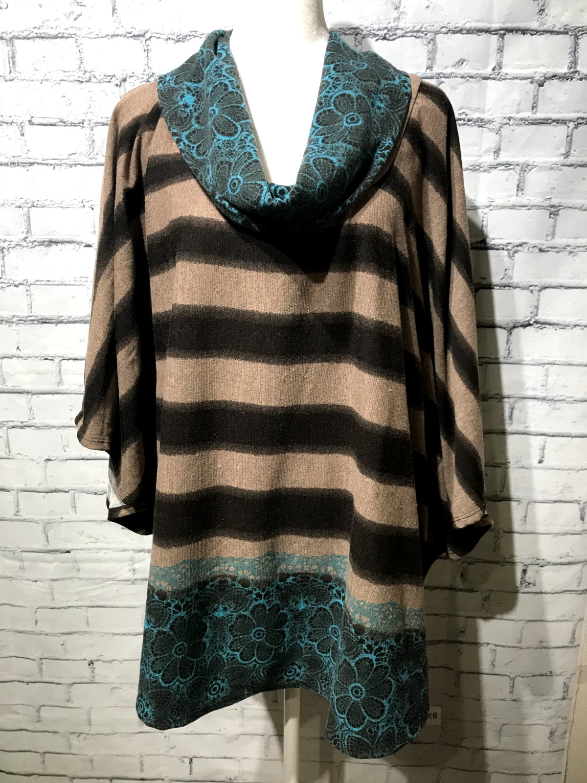 Roz Ali, Women Plus 3X (Bust 56") Green/Brown Cowl Neck Poncho Knit Sweater