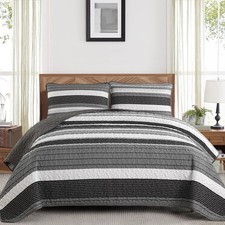 Quilt Set Queen Size Gray and Black and White 3 Pieces - Grey Patchwork Striped