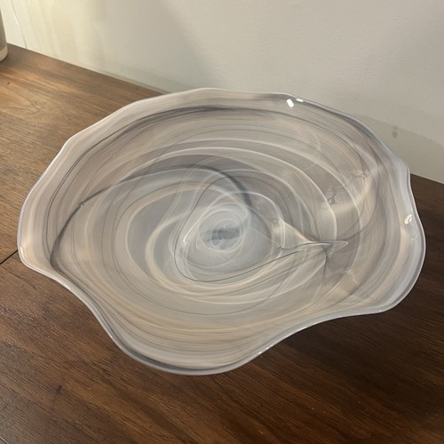 Hand Blown Glass Decorative Bowl Murano Style White Gray & Black Swirl Rare VTG - Picture 19 of 21