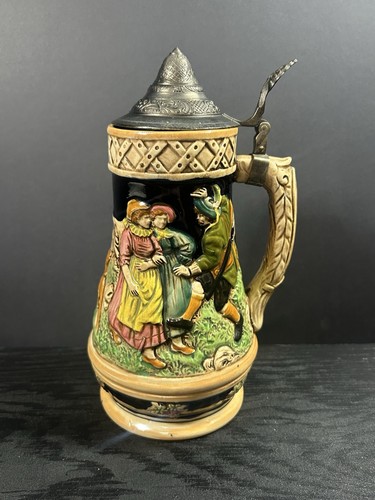 Vintage German Beer Stein w/ Pewter Lid & Music Box - Bavarian Scene Germany - Picture 3 of 10