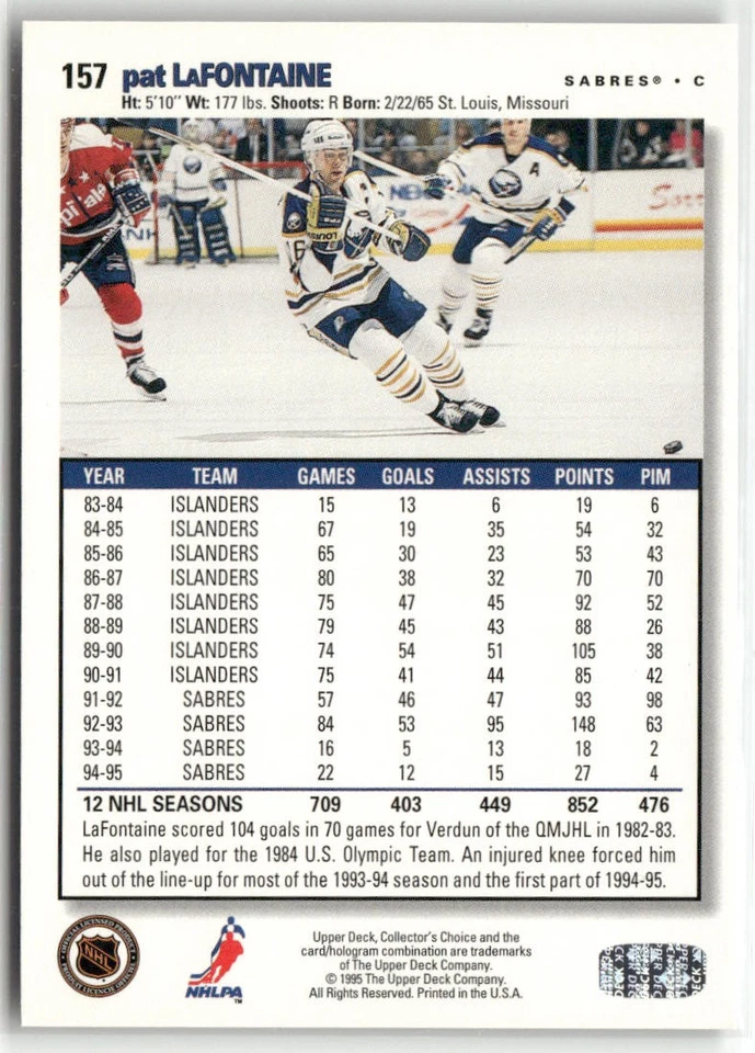 1995-96 COLLECTOR'S CHOICE #157 PAT LAFONTAINE PLAYER'S CLUB BUFFALO SABRES - Image 2 of 2