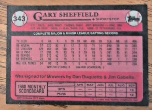 1989 Topps Baseball Card #343 GARY SHEFFIELD Milwaukee Brewers Future Star MINT - Picture 2 of 2