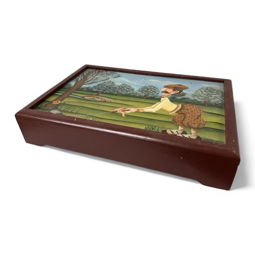 Vintage handbemalte Holz Schmuckschatulle Golf Cartoon Golfer signiert 2005 - Bild 6 von 12