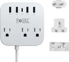 European Travel Plug Adapter, FOVAL EU UK US Power Strip with USB C and 4 USB Po