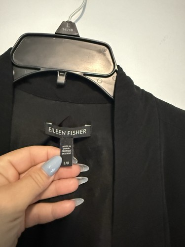 Eileen Fisher Open Front Cardigan Womens Size L Black Silk W/ Silk Lining - Picture 2 of 5