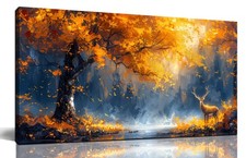 Large Canvas Wall Art for Living Room Gold and Yellow Tree Deer Forest Landsc...
