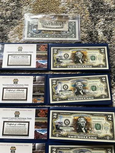 6 Two Dollars ($2) Unc. Colorized Notes In Binders And 1 One Dollar Note - Picture 3 of 9