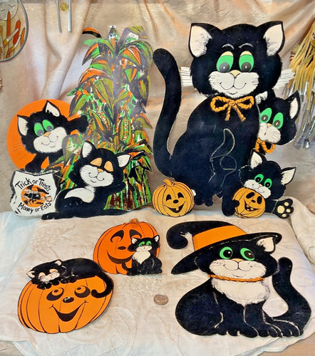 5 Papier Halloween Vintage Wandbehänge - Schwarz Samt Kätzchen Katzen 80er Jahre