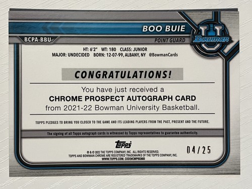 Boo Buie 2021-22 Bowman University Chrome Auto Orange Refractor /25 Northwestern - Picture 2 of 2