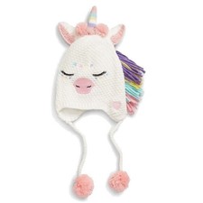 Under One Sky Girl Cable Knit White Unicorn Fleece Lined Earflap Hat Size S/1-3Y