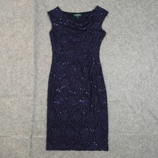 Lauren Ralph Lauren Dress Womens 6 Cowl Neck Sheath Ruched Sequin Lace Evening