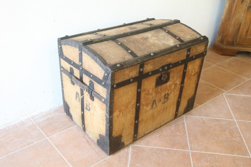 antico baule da viaggio dote grande bombato XIX secolo legno rivestito juta - Picture 4 of 24