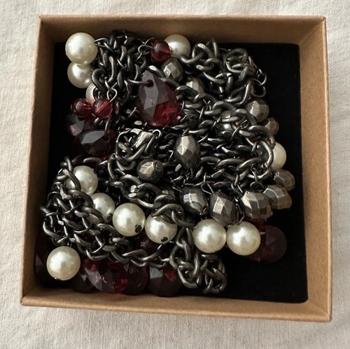 Beaded Bib Statement Necklace, Red, Pewter and Pearl Beads 21" in Gift Box - Picture 4 of 9