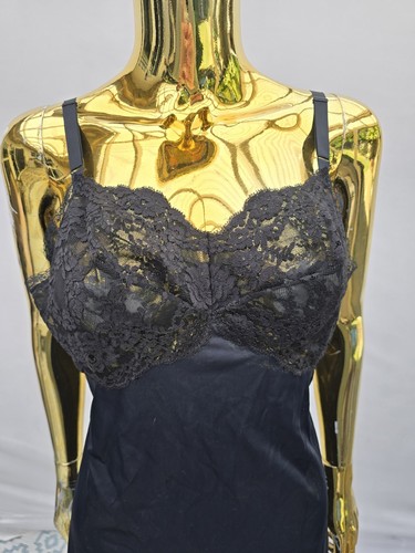 Vintage 50s Gotham Gold Stripe Black Satin Nylon Lace Midi Full Slip Size 36 - Picture 2 of 8