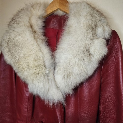 Vintage 70er Jahre rot Leder Trenchcoat Jacke lang Damen 10 Medium Erbsenfellkragen - Bild 7 von 18