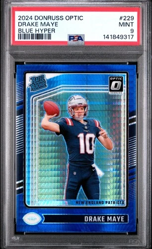 9317 Drake Maye 2024 Panini Donruss Optic #229 Blue Hyper Rated Rookie PSA 9
