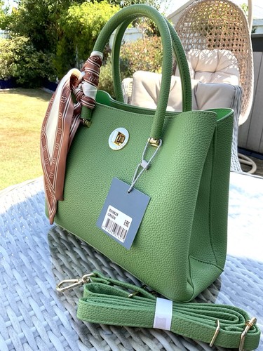 BESSIE MED SIZE FABULOUS COLOUR GREEN TOTE WITH 3 Top Pockets AND LONG STRAP - Picture 2 of 8
