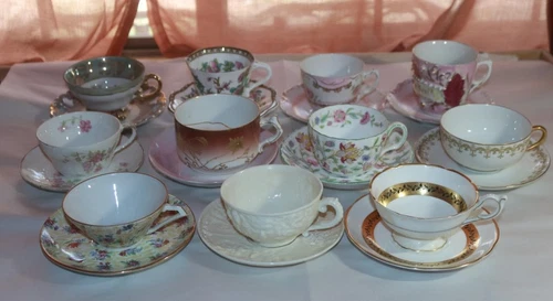 11 Tea Cups Limoges Belleek Coalport  Mustache  Minton  Japan Tea Party Lot