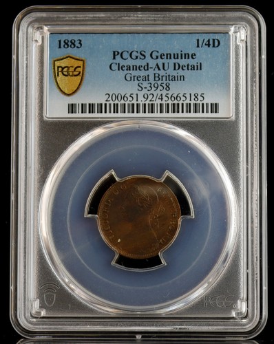 1885 Great Britain 1/4D Farthing PCGS Genuine Cleaned AU Detail 1883 Error Label - Picture 3 of 4