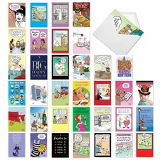 36 Asst'd Set Funny New Year Greeting Cards w/ 5x7" Env. - New Year Laughs