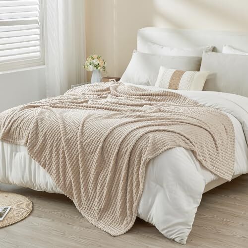 Weiche Fleecedecke beige für Couch Luxus Flanell für Bettüberwurf Gitter - beige - Bild 7 von 7