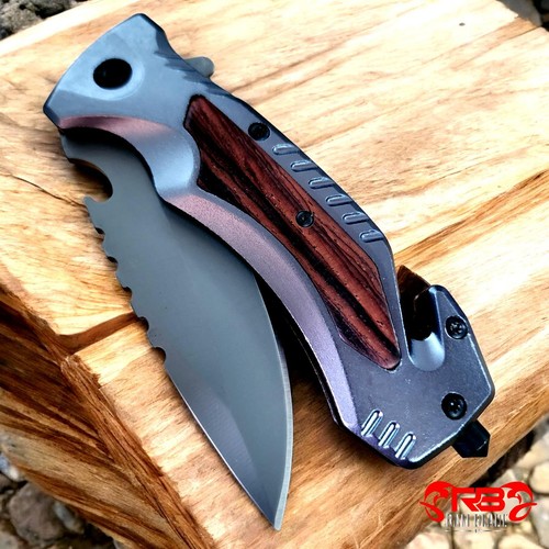 9" Tactical WOOD HANDLE Spring Assisted Open Blade Folding Pocket Knife Hunting - Picture 2 of 8