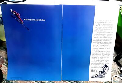 1987 Reebok Pro Workout Shoes Skiing Theme 2 Page Original Print Ad vintage 80s