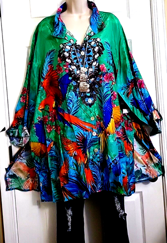 John Mark NWT Vibrant Parrot Peacock Art to Wear Boho Long Unique Tunic Plus 2X - Picture 3 of 22