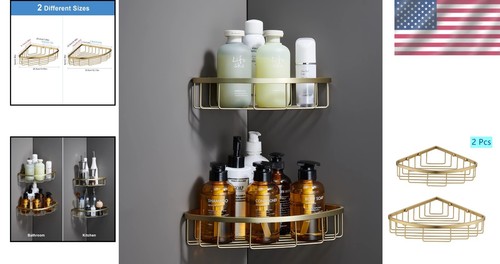 Brushed Gold Shower Caddy Set - Wall-Mounted Heavy Duty Storage Solution - Picture 2 of 10