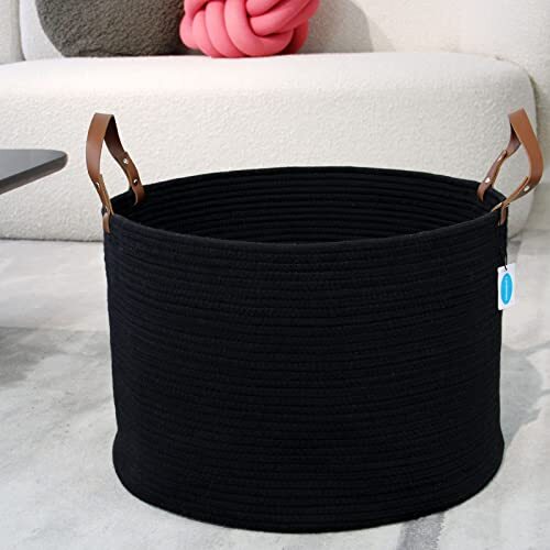 XXXLarge Cotton Rope Basket for Living Room - Woven Storage Black Modern - Foto 6 di 6