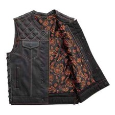 Men's Black Leather Motorcycle Vest with Orange Paisley Lining Two-Color Stitch