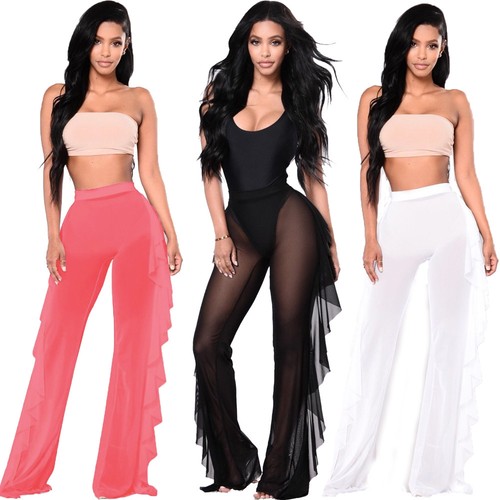 Sexy Leg donna Mesh Up xxl Sheer Pantaloni Pants Bikini Wide Ruffle S Cover Beach rrYwq6