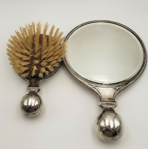 Deco by Wallace Sterling Silver Grooming Mirror & Brush w/ Ball Handles #7613