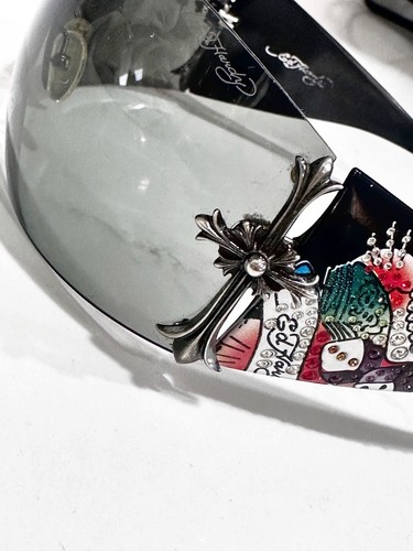 ED HARDY Wrap Oversized Sunglasses Swarovski Skull VEGAS Cross Vegas Y2K vintage - Picture 8 of 24