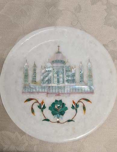 WHITE MARBLE PLATE ABALONE INLAY TAJ MAHAL PALACE FLORAL - Picture 3 of 6