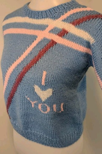 Vtg Handmade Wool Sweater I Love You OOAK Girls Women's XS S Petite Blue Pink - Picture 12 of 12