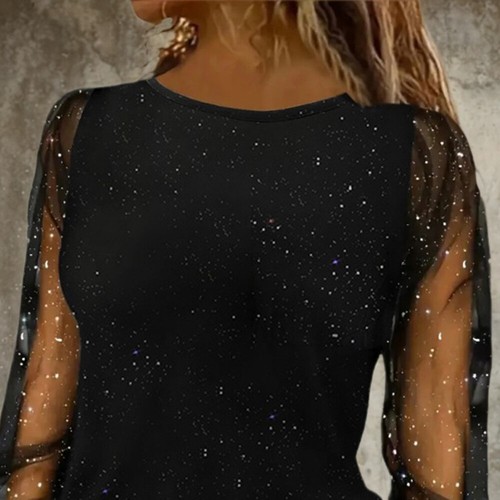 Plus Size Women Shiny Mesh Blouse Tops Ladies Long Sleeve Party Glitter T Shirt - Picture 10 of 15