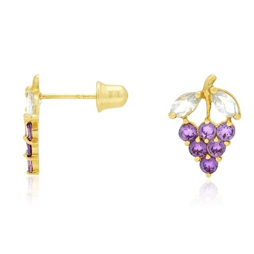 14k Yellow Gold Amethyst & Ruby Grapes Stud Screwback Earrings - Picture 6 of 21