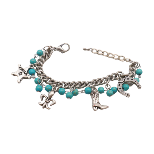 Women Silver Metal Chain Bracelet Western Sheriff Boot Charm Turquoise Blue Bead - Picture 9 of 19