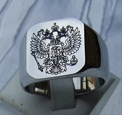 MARKENLOS ACERO INOXIDABLE GRABADO ANILLO SELLO ANILLO ESCUDO ÁGUILA RUSA DOBLE ÁGUILA PULIDA