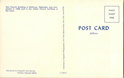 Postal Iglesia más antigua de Nebraska Bellevue Nebraska - Imagen 2 de 2
