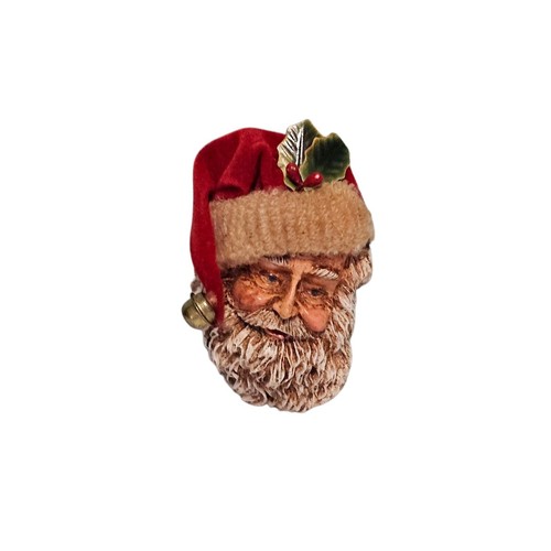 Santa Claus Face Christmas Holiday Brooch Pin Red Hat Holly Bell Wood - Picture 4 of 7