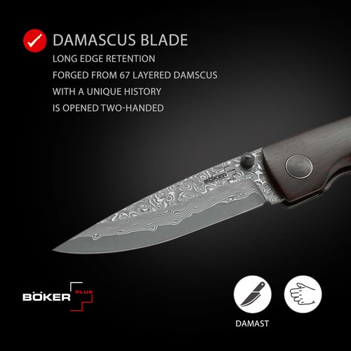 Boker Plus Damascus Gent I Pocket Knife 3.23" Blade Ebony Handle - 01BO101DAM - Picture 3 of 9
